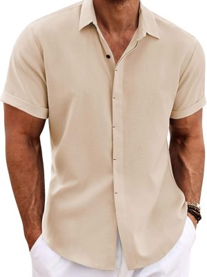 Men's Linen Shirts Short Sleeve Casual Shirts Button Down Shirt for Men Beach Summer Wedding Shirt