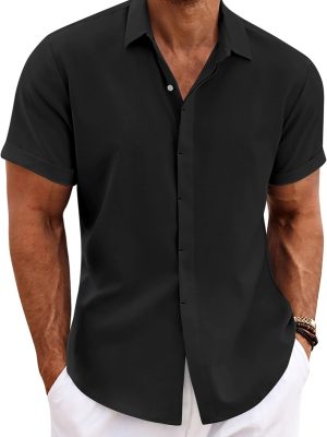 Men's Linen Shirts Short Sleeve Casual Shirts Button Down Shirt for Men Beach Summer Wedding Shirt