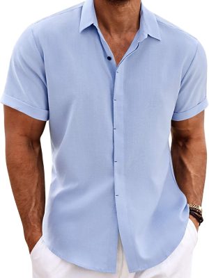 Men's Linen Shirts Short Sleeve Casual Shirts Button Down Shirt for Men Beach Summer Wedding Shirt
