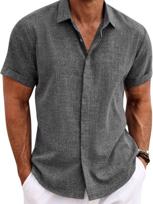 Men's Linen Shirts Short Sleeve Casual Shirts Button Down Shirt for Men Beach Summer Wedding Shirt