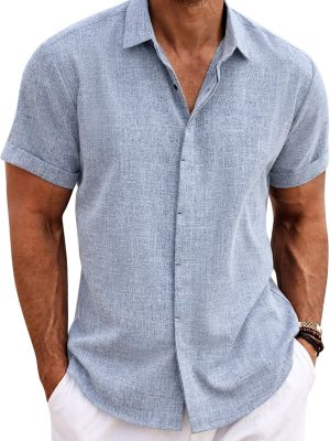 Men's Linen Shirts Short Sleeve Casual Shirts Button Down Shirt for Men Beach Summer Wedding Shirt