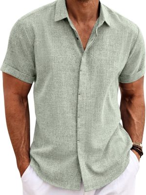 Men's Linen Shirts Short Sleeve Casual Shirts Button Down Shirt for Men Beach Summer Wedding Shirt