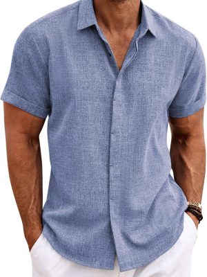 Men's Linen Shirts Short Sleeve Casual Shirts Button Down Shirt for Men Beach Summer Wedding Shirt